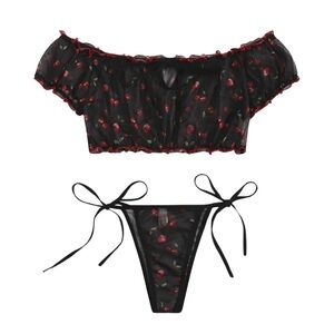 2 Piece Ruffle Trim Mesh Wireless Self Tie Lingerie Set Bra and Panty Set M